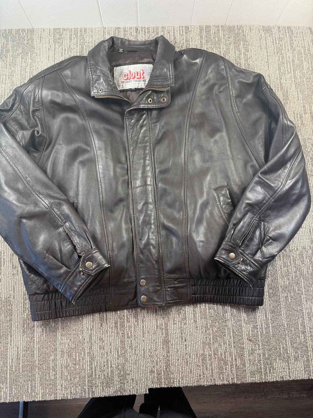 Clout Related Fashions Jacket Mens XL Black‎ Leather Bomber Zip Snap Pockets